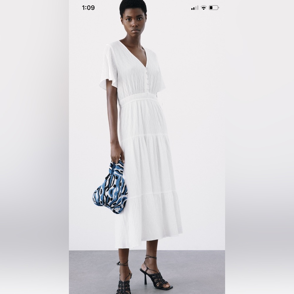 Zara White midi Dress v neck with elastic waist size small